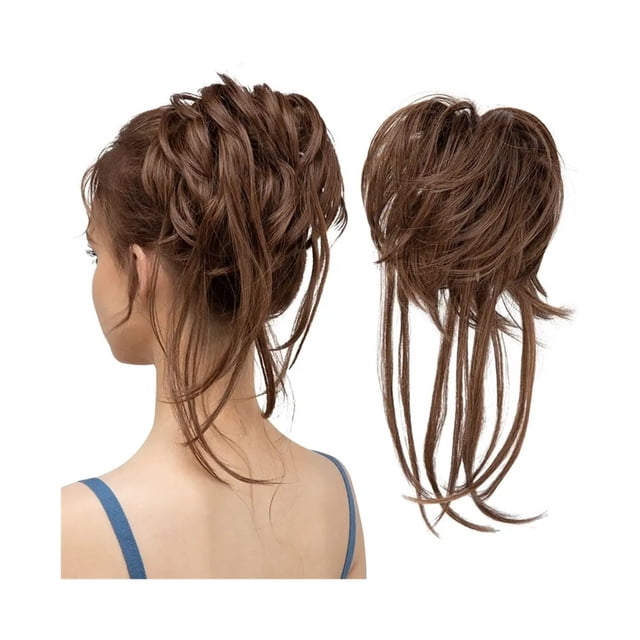 Chignon en Désordre Pièce de Cheveux Ondulée Extensions de Chignon avec Queues Droites Queue de Cheval Synthétique