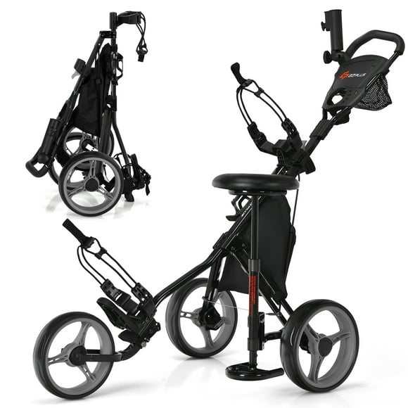 Patiojoy 3 Wheel Golf Push Cart Lightweight Foldable Caddy Cart for Golf Bags with Adjustable Seat and Handle Umbrella Holder and Foot Brake Gray