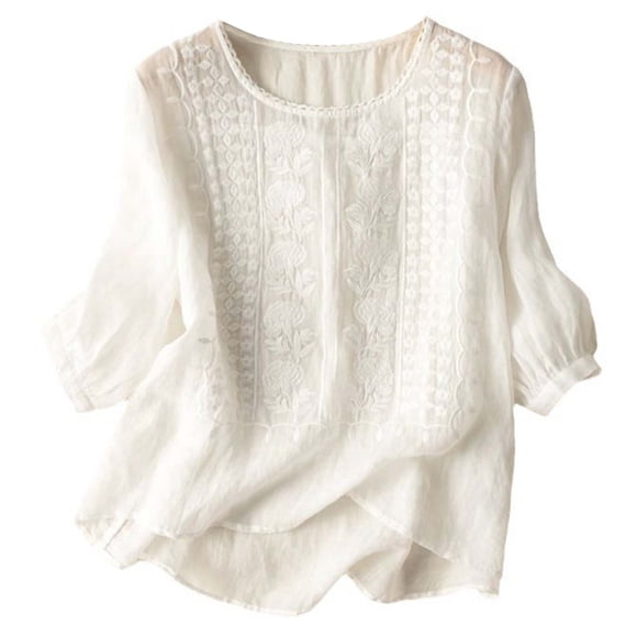 Vintage Embroidered Linen T Shirt For Women Casual Loose Fit Top Long Tops for Women Rayon Planet plus Size Women Lace Woman Blouse plus Long Sleeve Tops for Women High Low Shirt High Low plus Size