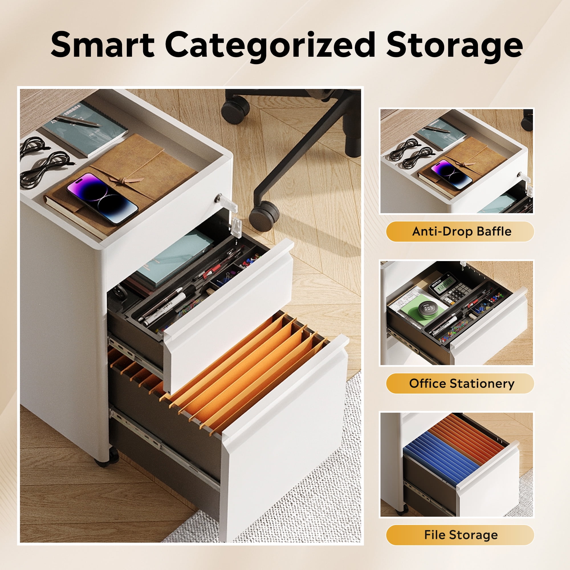 GALAXHERO 2 Drawer File Cabinet with Lock, Metal Storage Organizer with Fence, Mobile Filing Cabinets for Home Office, Fit Letter/A4/Legal Size Files, White