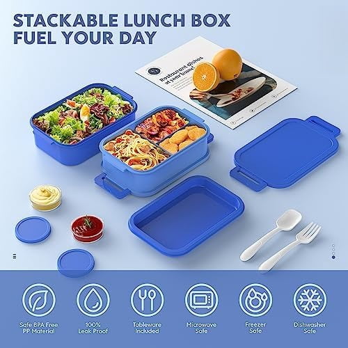 Adult Bento Lunch Box - 3 Layers Stackable Bento Lunch Box for Adults, 72oz Large All-in-One Bento Box Leak-Proof Lunch boxes with Utensil Sauce Containers, Ideal for Dining Out,Work, Blue