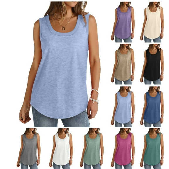 Xunlbb Tops for Women Under $5 Summer Women Solid Color Round Neck Sleeveless Casual Tee Tank Summmer Shirts for Women S-5XL
