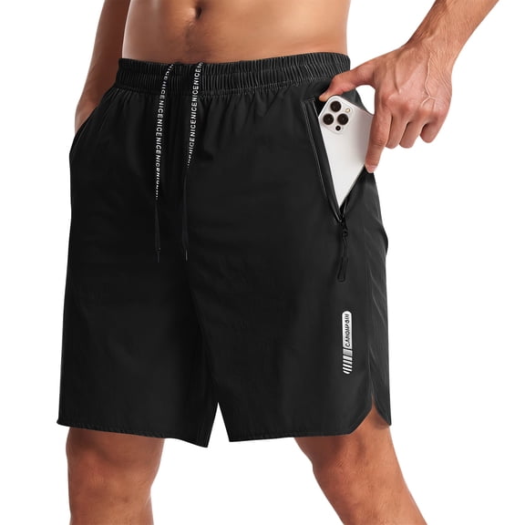 HKYNLAG Men's Athletic Running Shorts Quick Dry with Zipper Pockets Ice Silk Workout Gym Long Shorts with Zipper Pockets Black 3XL