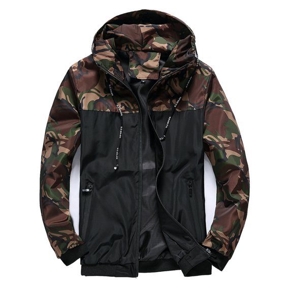 FASHIONWT Men Casual Sporty Camouflage Hooded Color Blocking Splash-proof Jacket