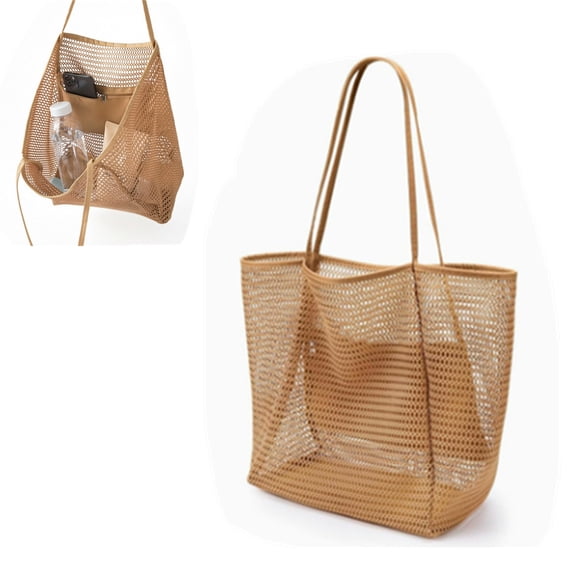 Beach Bags for Women, Summer Travel Mesh Tote Bag with Large Inner Pocket, Sandproof Woven Shoulder Handbag