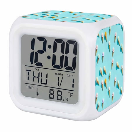 Blue Ice Cream Digital Alarm Clock for Bedrooms, Smart LED Alarm Clock with 7 Color Changing Night Light, Summer Colorful Ice Cream Silent Wake Up Clocks for Sleep Study Cooking 3.2x3.2