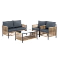 thumbnail image 5 of 4 Pieces Patio Furniture Set, Outdoor Patio Conversation Set for 4, Garden PE Brown Wicker Loveseat Chair with 2 Single Sofas and Tempered Glass Coffee Table for Backyard, Pool, Deck, Garden, 5 of 7