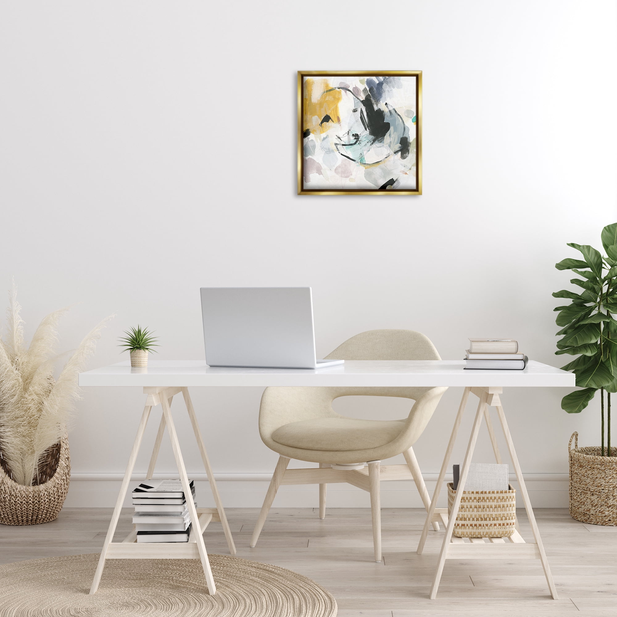 Stupell Industries Yellow & Neutral Abstraction Abstract Painting Gold Floater Framed Canvas Art Print Wall Art, 18 x 18