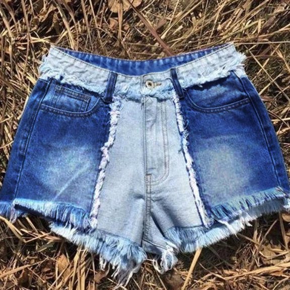Denim Shorts with Pockets Women's Patchwork Denim Shorts, Vintage Blue Tassel Hem Trendy Summer Hot Jean Shorts with Pockets Dark Blue M