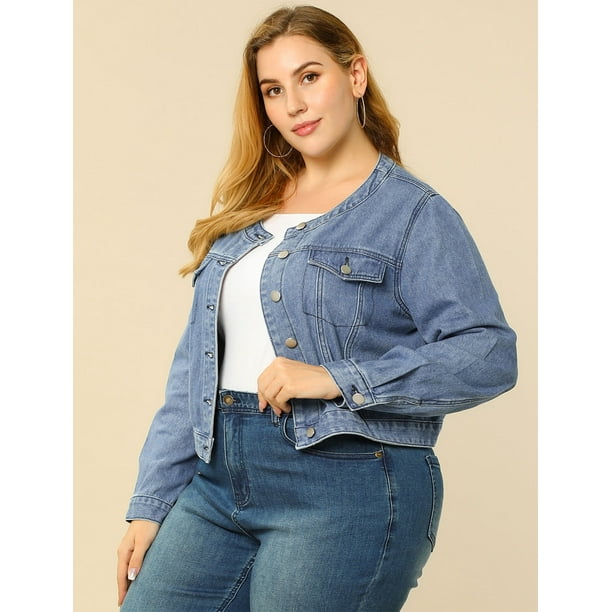 Unique Bargains Women s Plus Size Button Down Crew Neck Denim Jackets Walmart