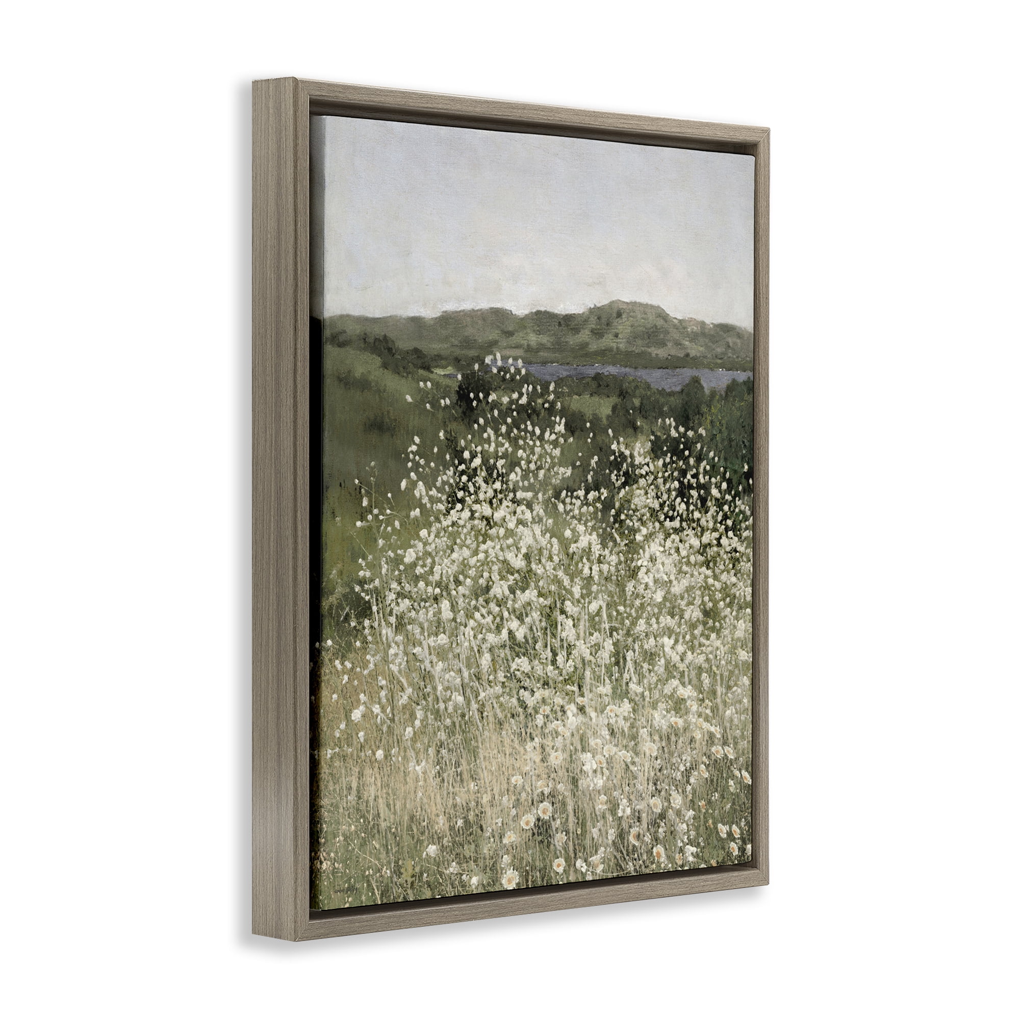 Stupell Industries Sunlit Meadow of White Daisies Brown Framed Floater Canvas Wall Art, design by Amber Sterling