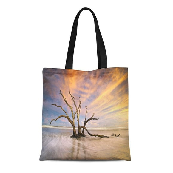 JSDART Canvas Bag Resuable Tote Grocery Shopping Bags Folly Beach Dead Tree Driftwood Ocean Sunset Charleston Sc Landscape Scene Tote Bag