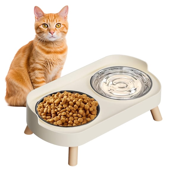Asunby Elevated Cat Bowl, 2 Stainless Steel Raised Pet Bowl Set, Splash Proof Whisker Fatigue Relief Dishwasher Safe for Small Pets, White