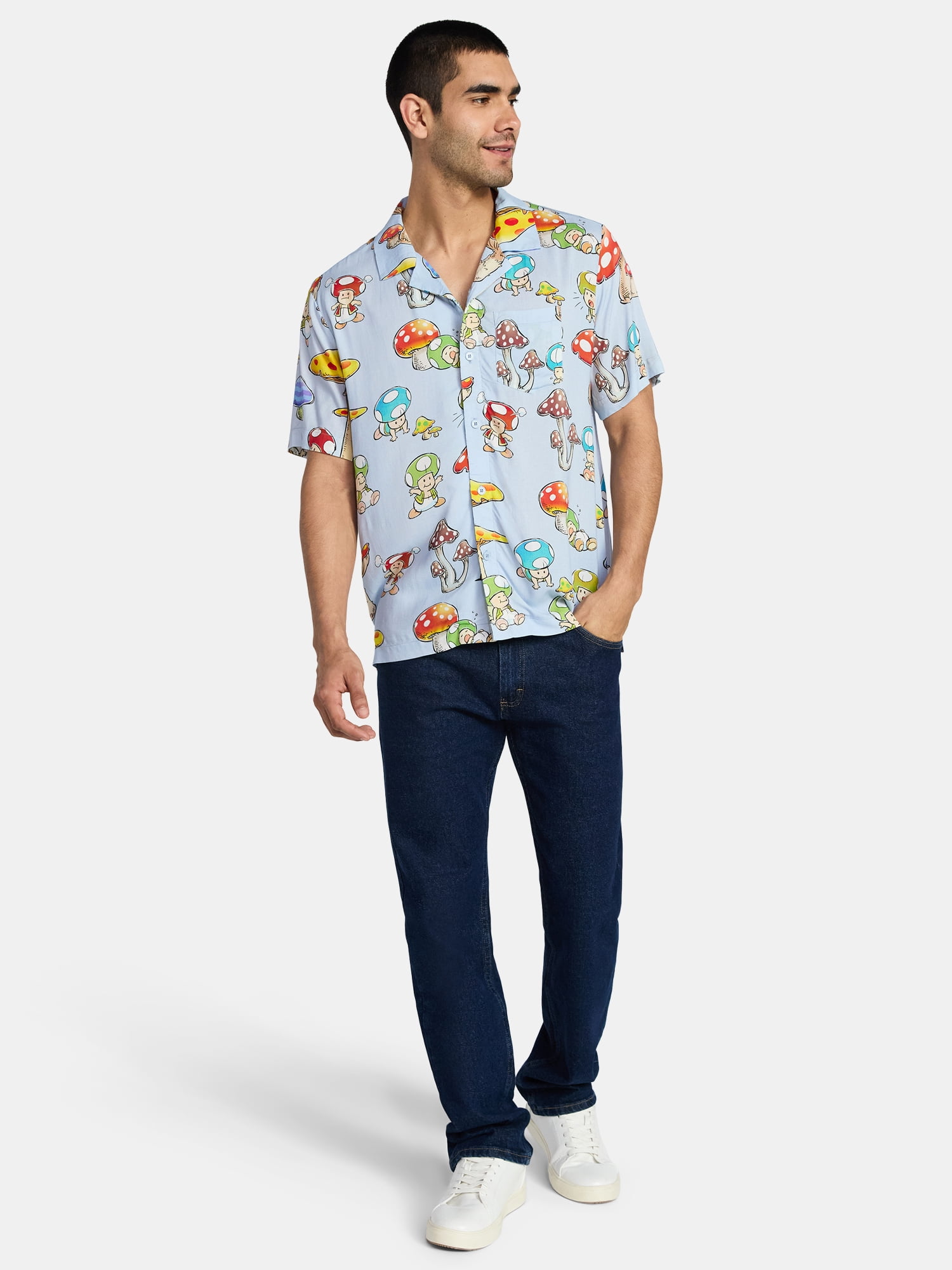 Nintendo Men's and Big Men's Mushroom Kingdom Graphic Button Up Shirt, Sizes XS-5XL