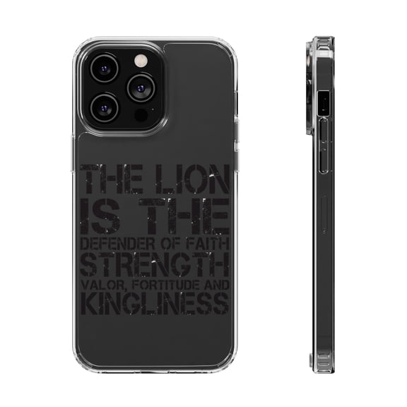 DistinctInk Clear Case for Apple iPhone 15 PRO (6.1" Screen) - Lion - Strength Valor Fortitude Kingliness