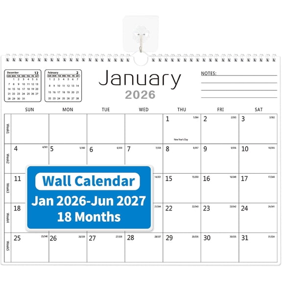 Calendar 2026-2027, Wall 2026-2027 From January 2026 To June 2027 18 Months, 14.7" x 11" Paper Calendars with Julian Date and Blank Block for New Year