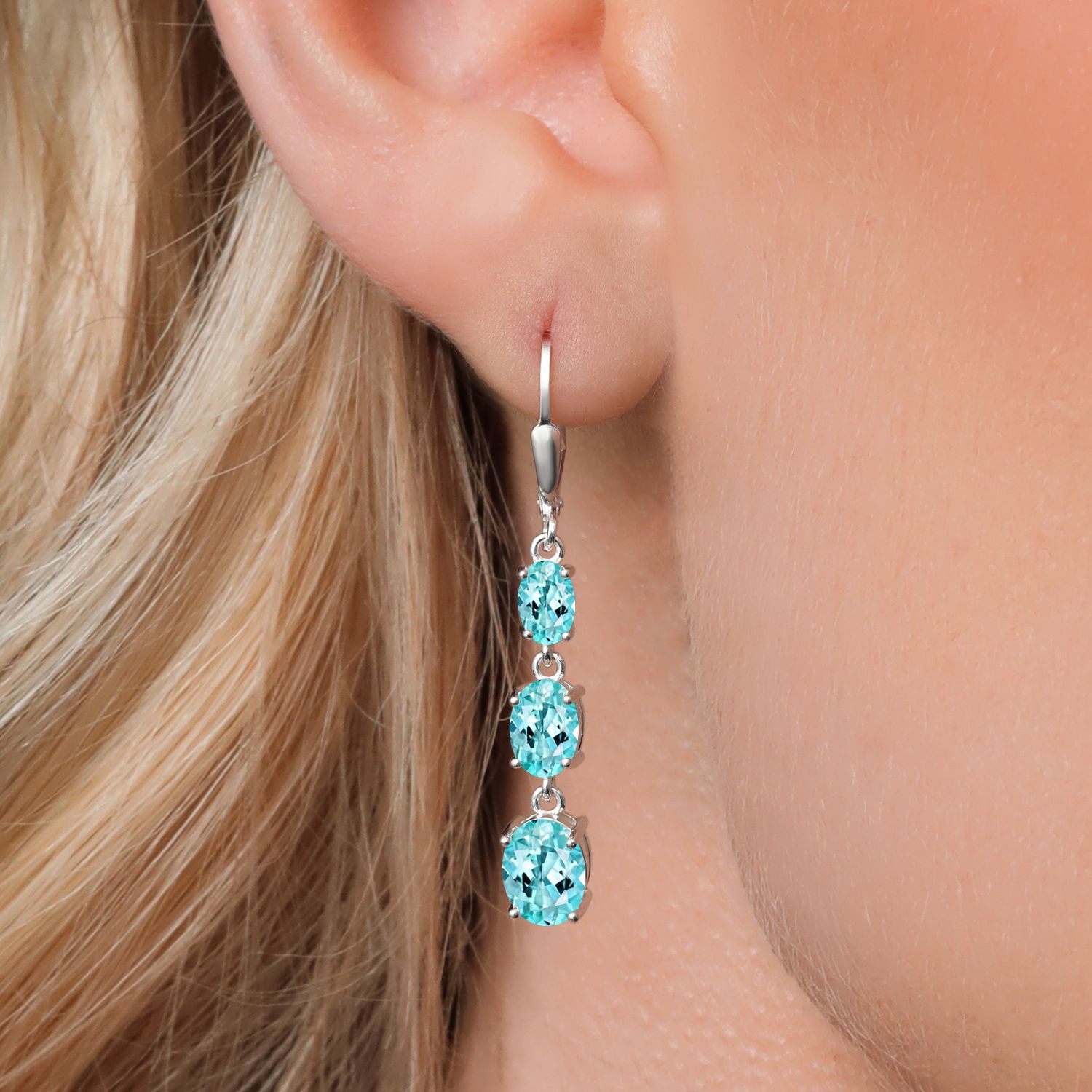 Gem Stone King 925 Sterling Silver Blue Apatite 3 Stone Dangle Earrings for Women (5.09 Cttw, Gemstone Birthstone, Oval 8X6MM, 7X5MM and 6X4MM)