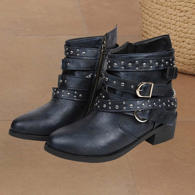 Styesk Bottes pour Femmes Mode Décontractée Boucle Chaîne Mi-Mollet Couleur Unie Style Automne Talon Bas Bottes Mi-Mollet Bottes de Travail pour Femmes
