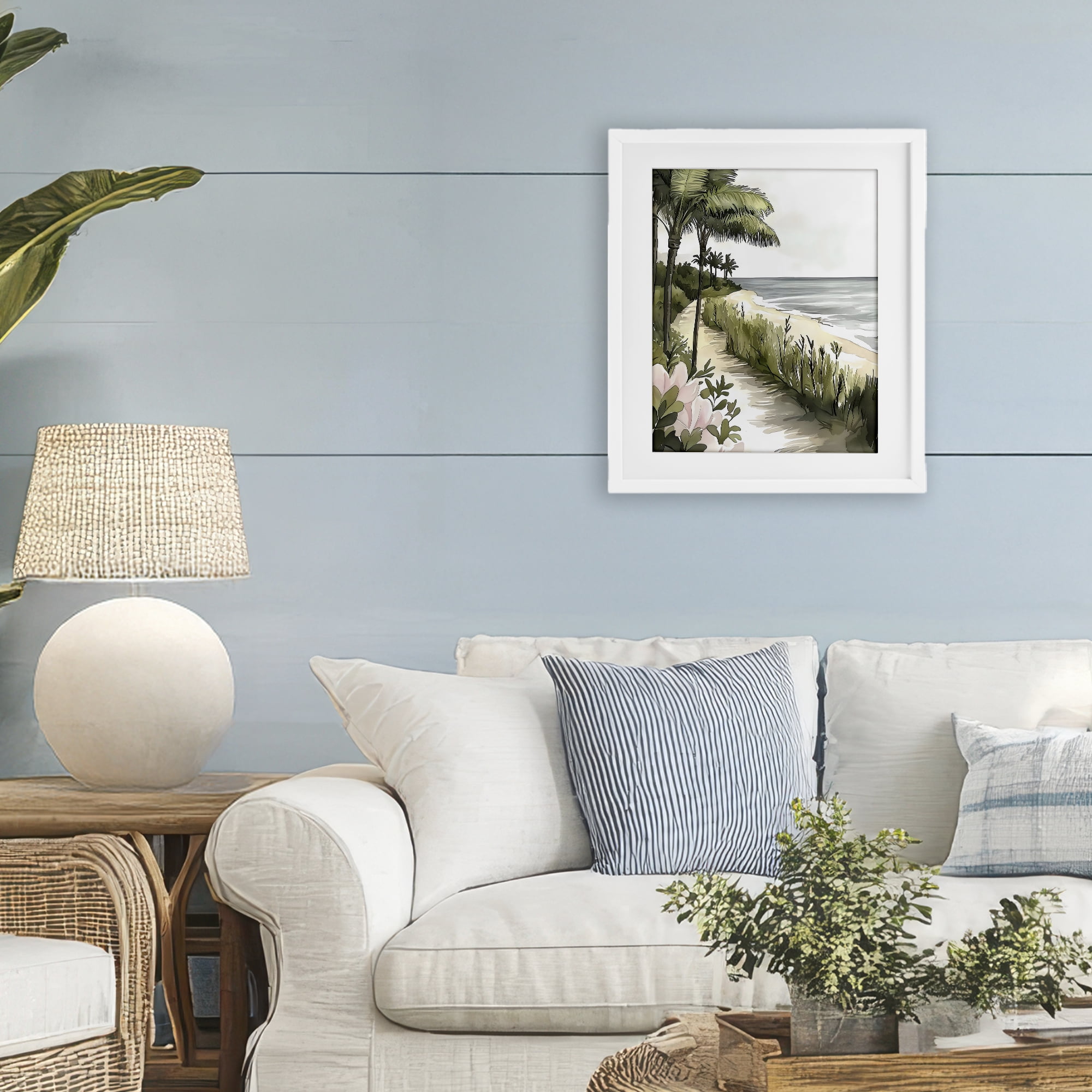 Stupell Industries Coastal Calm Palm Tree Pathway White Framed Print Under Glass, design by Riley B