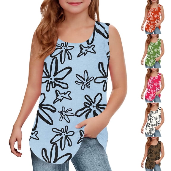 Swuxness Girls Print Sleeveless Crew Neck Casual Tank Summer Breathable Basic Camisole Tops Fashion Green, 7-8 Years