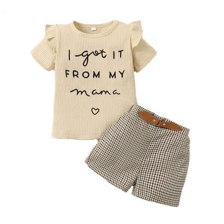 

Kucnuzki 2T Baby Girl Summer Outfits Shorts Sets 3T Short Sleevle I Got It From My Mama Letter Prints Tops Elastic Houndstooth Shorts 2PCS Set Yellow