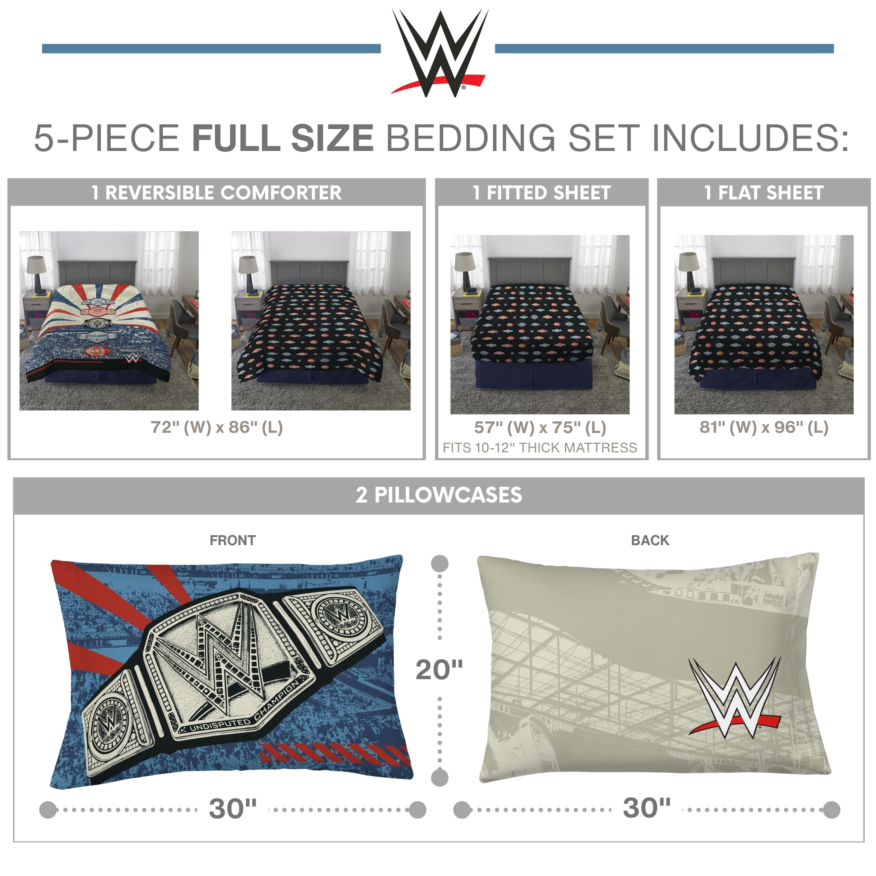 WWE Kids Full Bed in a Bag, 5Pc Bedding Set, Comforter and Sheets