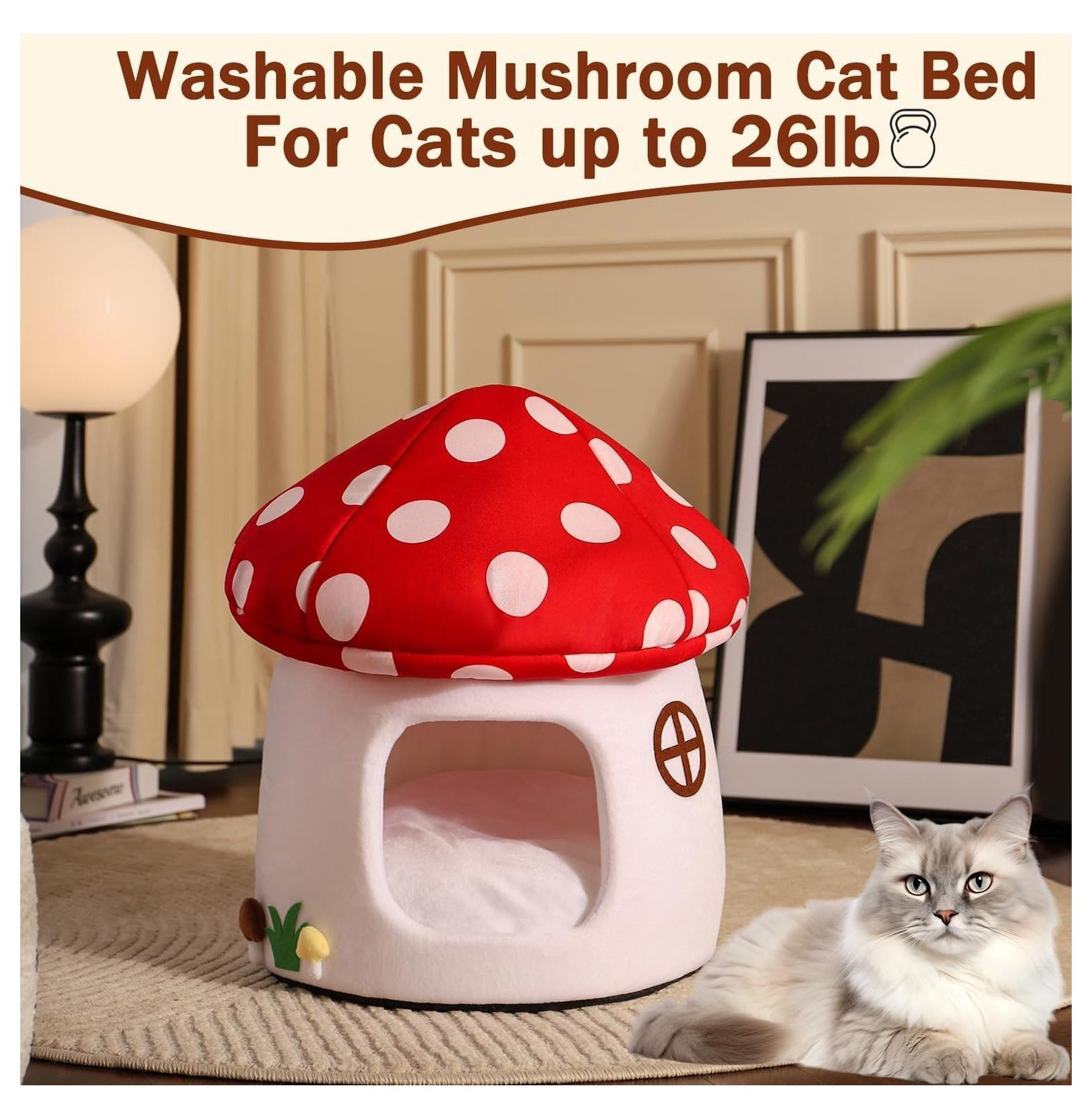 Mushroom Cat Bed for Indoor Cats & Small Dogs - Soft Plush Cave Bed with Removable Cushion, Cozy Pet Nest Tent - Red & White