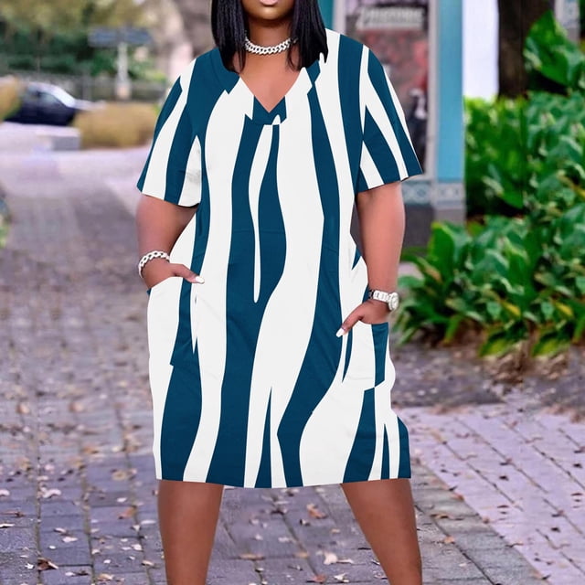 Amzcrzy Robes pour Femmes Robes Grande Taille pour Femmes aux Courbes Robes pour Femmes Robe Ample Imprimée Décontractée à Manches Courtes à Col en V Longueur Genou Robe Midi pour Femmes
