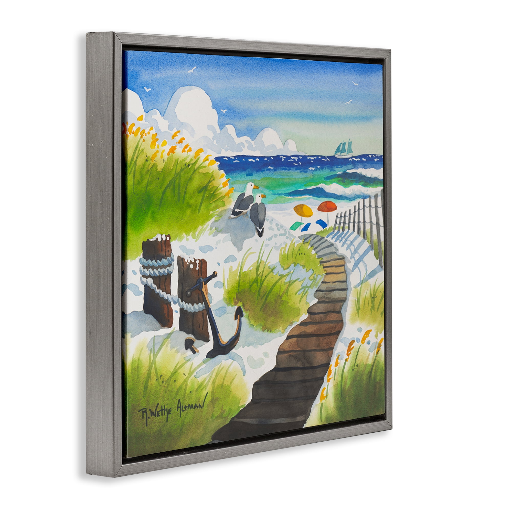 Stupell Industries Seagull & Anchor on Shore Gray Framed Floater Canvas Wall Art, design by Robin Altman