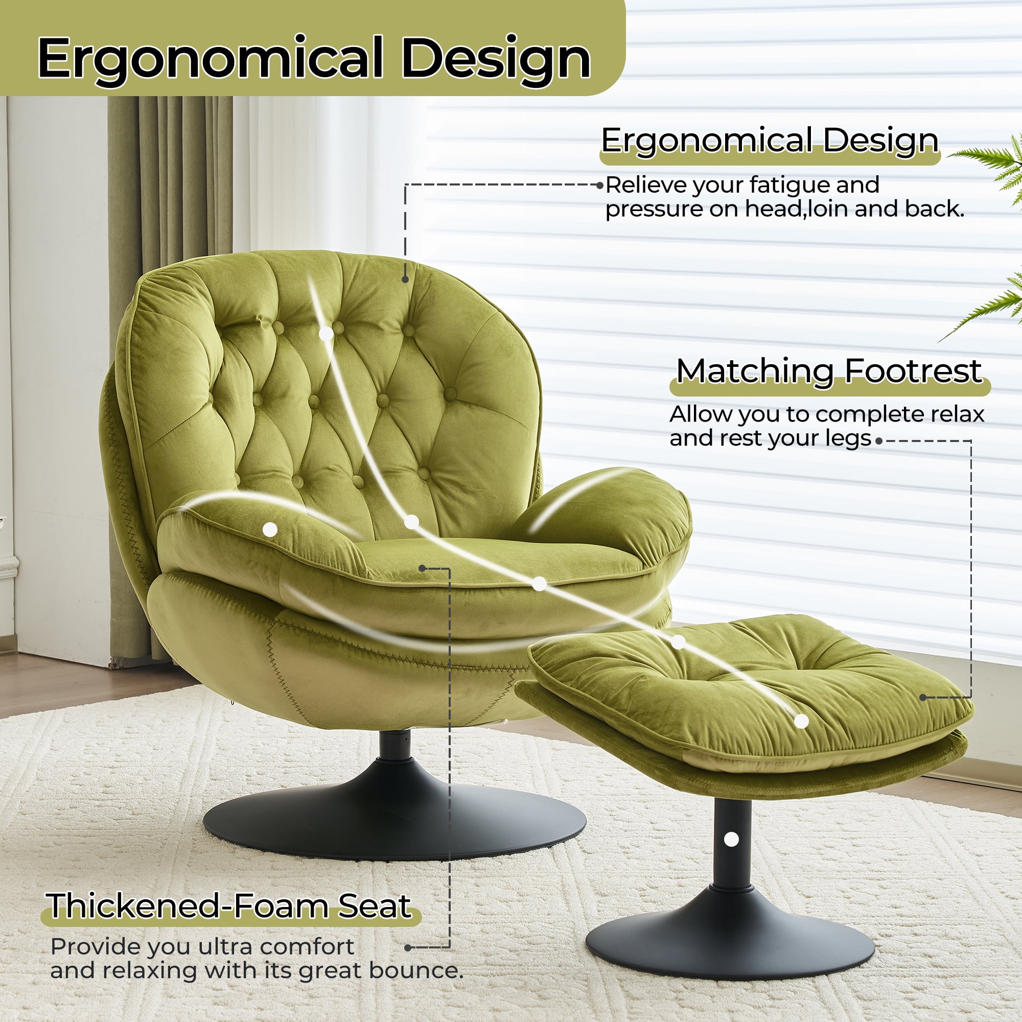 Comfort Stretch Velvet Swivel Accent Chair with Ottoman Round Reading Chair with Foot Stool Set Apple Green