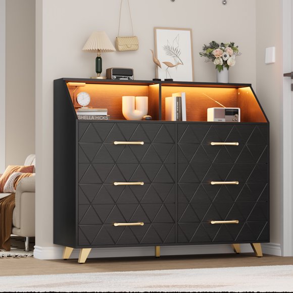 6 Drawer Dresser, Wood Dresser for Bedroom, Chests of Drawers with LED Lights & Charging Station for Closet, TV Stand, Living Room, Entryway, Hallway