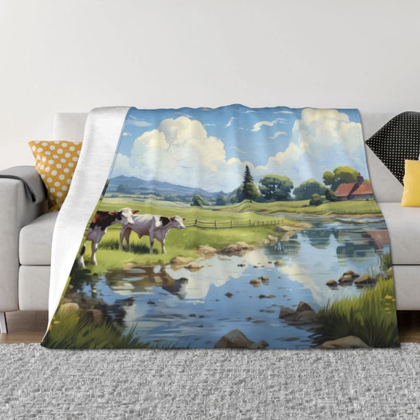Fotbe Pasture Cow Manta de Franela con Estampado, Manta Ultrasuave para Cama, Sofá, Auto, Hipoalergénica y Antibolitas-60"x50"
