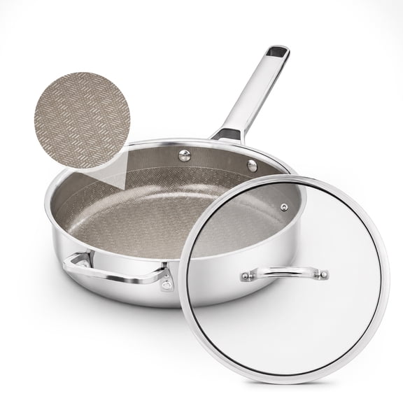 Ktaxon 10 Inch Titanium Stainless Steel Frying Pan with Lid, Tri-Ply Deep Skillet with Helper Handle, Induction Oven Safe