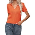 thumbnail image 3 of Women's V Neck Short Sleeve Collared Cable Sweaters Tops Solid Knit Soft Pullover Shirt Top for Casual Tangerine Color S, 3 of 10