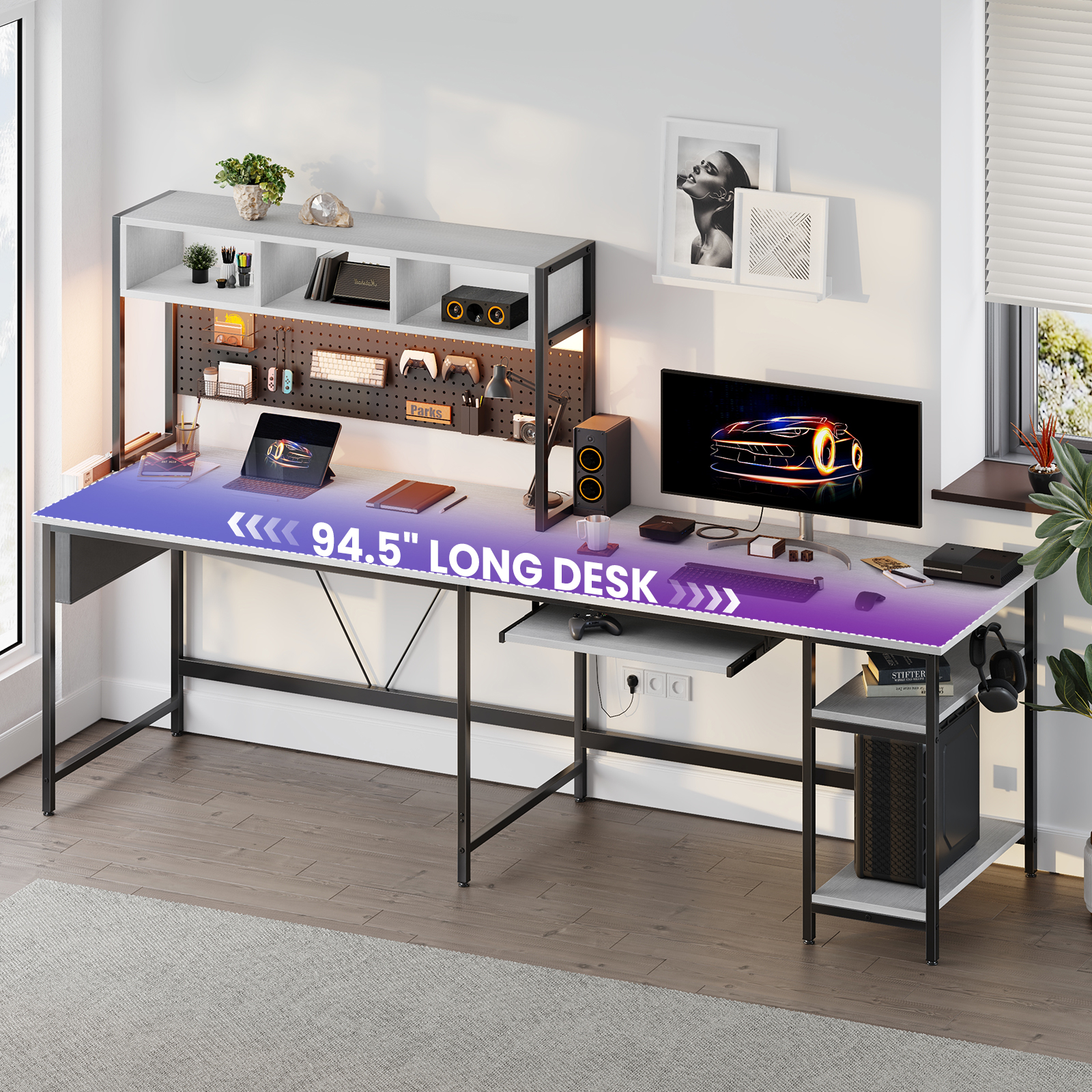 MCQ 94.5" Large L-Shaped Gaming Desk with LED Lights, Power Outlets, Drawer, Keyboard Tray & Hutch, White