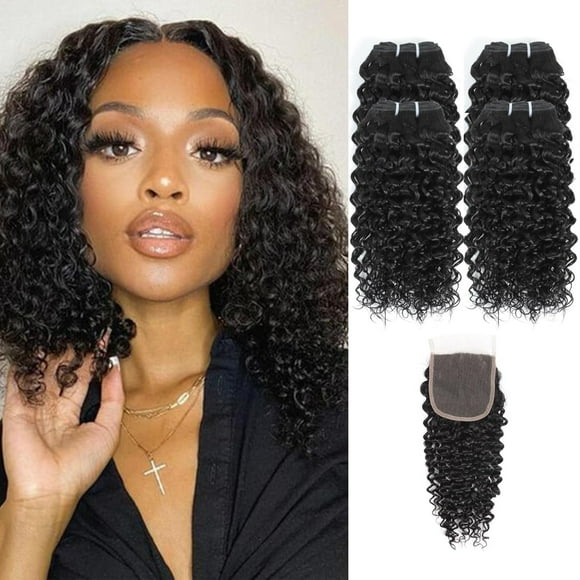 JTdebade Ensemble de Cheveux Humains Bouclés Crépus de 10 Pouces avec Fermeture Cheveux Humains Vierges Brésiliens 4 Ensembles Couleur Noire Naturelle 100 % Non Traité Extensions de Cheveux Humains Bouclés