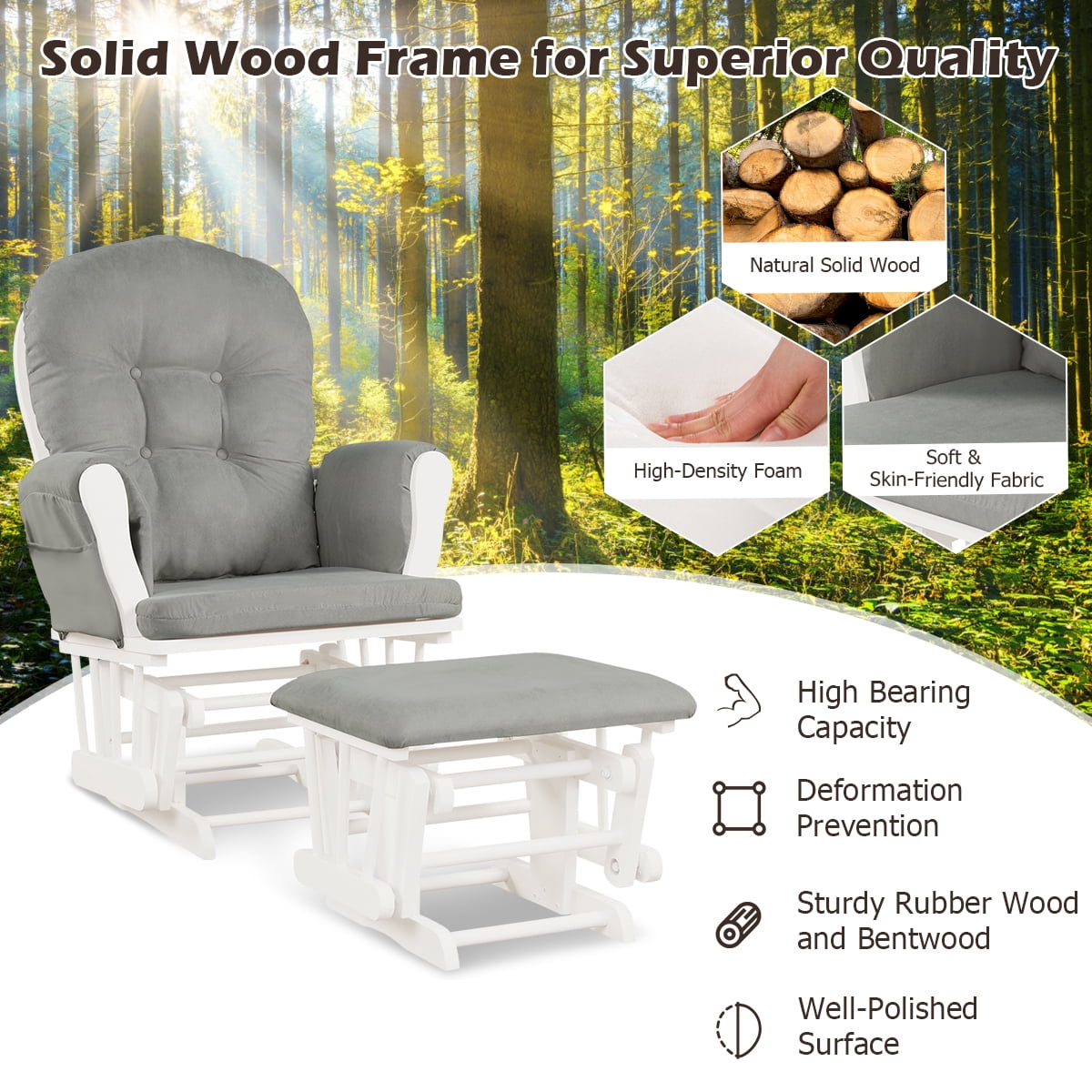 Infans Glider & Ottoman Cushion Set Wood Baby Nursery Rocking Chair Light Grey