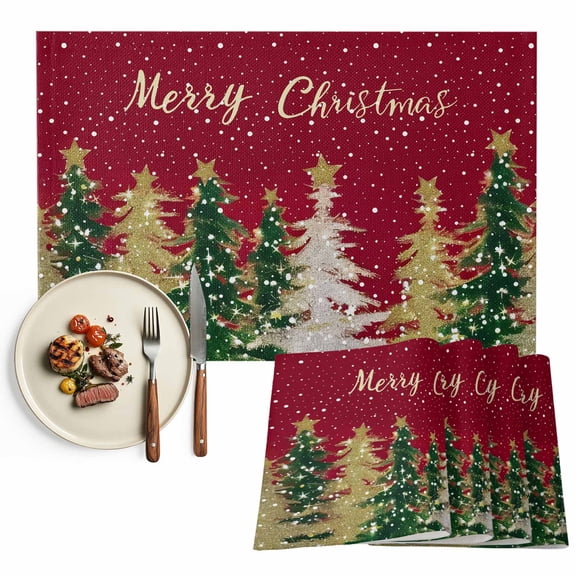Red Merry Christmas Placemats Set of 4, Gold Green Xmas Trees Snowflake Table Mats Washable Heat-Insulation Non-Slip Place Mats for Kitchen Dinner Table Indoor Outdoor Decor,13x19 Inch