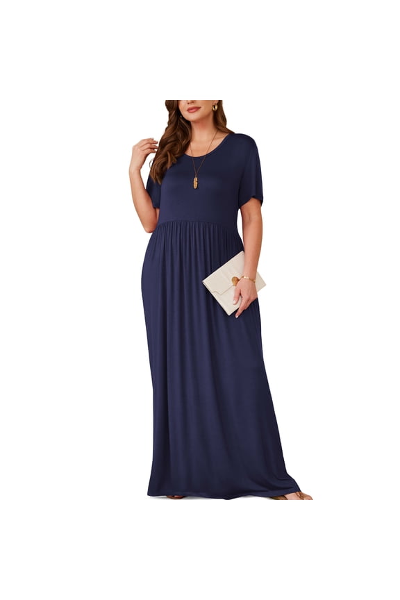 Women's Short Sleeve Loose Plain Maxi Dresses Casual Long Dresses with Pockets,Mother's Day,Navy blue,2XL