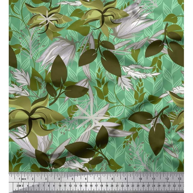 Soimoi Green polyester Crepe Fabric Artistic Leaves Print Sewing Fabric Yard 52 Inch Wide
