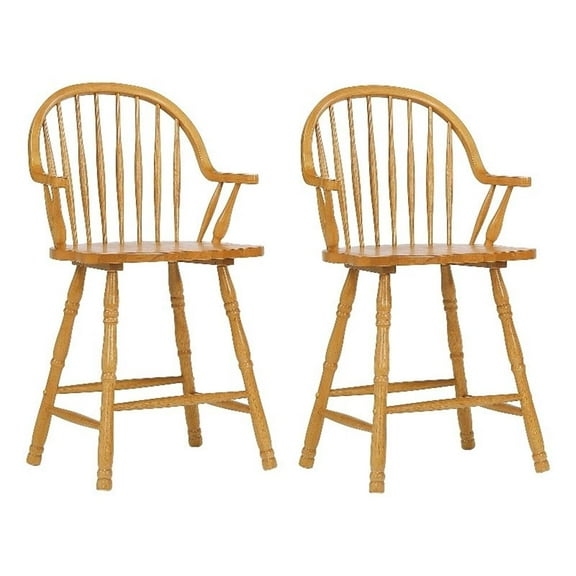 Pemberly Row 24" Windsor Wood Barstools/Arms in Oak (Set of 2)