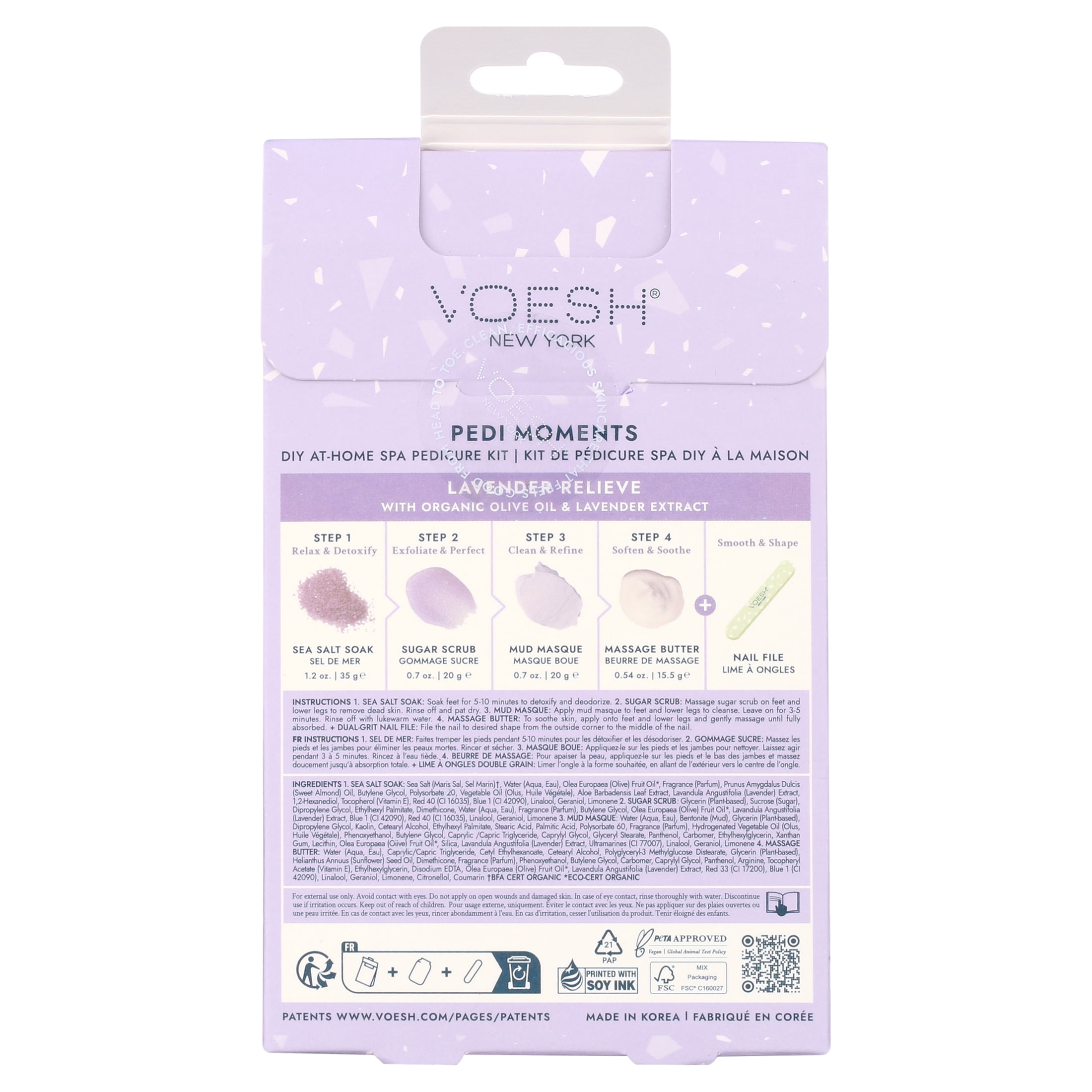 VOESH Pedi Moments 4 Step Pedicure Kit in Lavender Relieve:  Includes - Sea Salt Soak, Sugar Scrub, Mud Masque, Massage Butter and Dual Grit Nail File