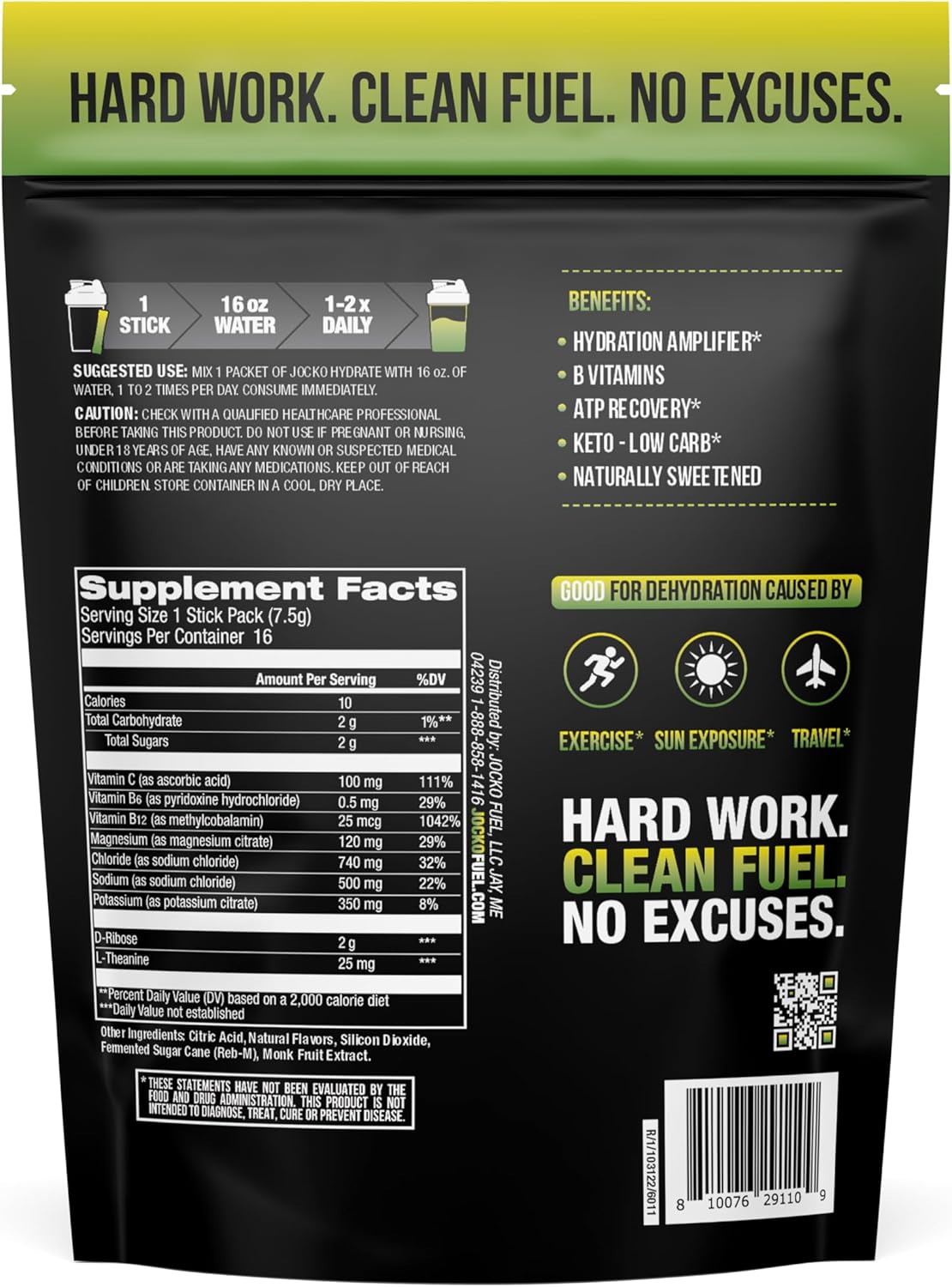 Jocko Fuel Hydrate Powder Packets, with Electrolyte Complex, Lemon Lime Flavor, 16 Count