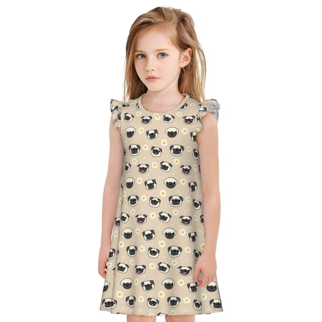Balery Pug Dog Face Camisón de princesa para niñas, pijama de algodón con mangas abullonadas, suave y bonito.-XX-Large