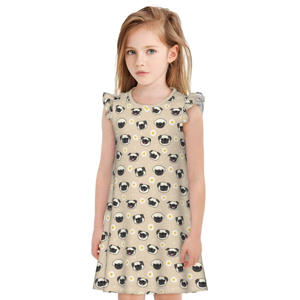 Fotbe Pug Dog Face Vestido de Dormir para Niñas de 3 a 10 Años, Mangas Cortas, Estilo Princesa, Pijama Camisón con Mangas Voladas-Medium
