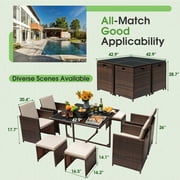 Homall 9 Pieces Outdoor Dining Sets Patio Rattan Conversation Set Space Saving Wicker Chairs with Glass Table,Beige