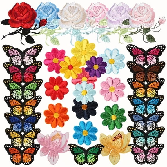 36 Pcs Iron-On Embroidered Patches for Clothing & Bags, Assorted Butterfly and Floral Designs, Decorative DIY Fabric Applique for Jeans, Jackets, Hats, Accessories, Sewing Crafts & Creative Gifts