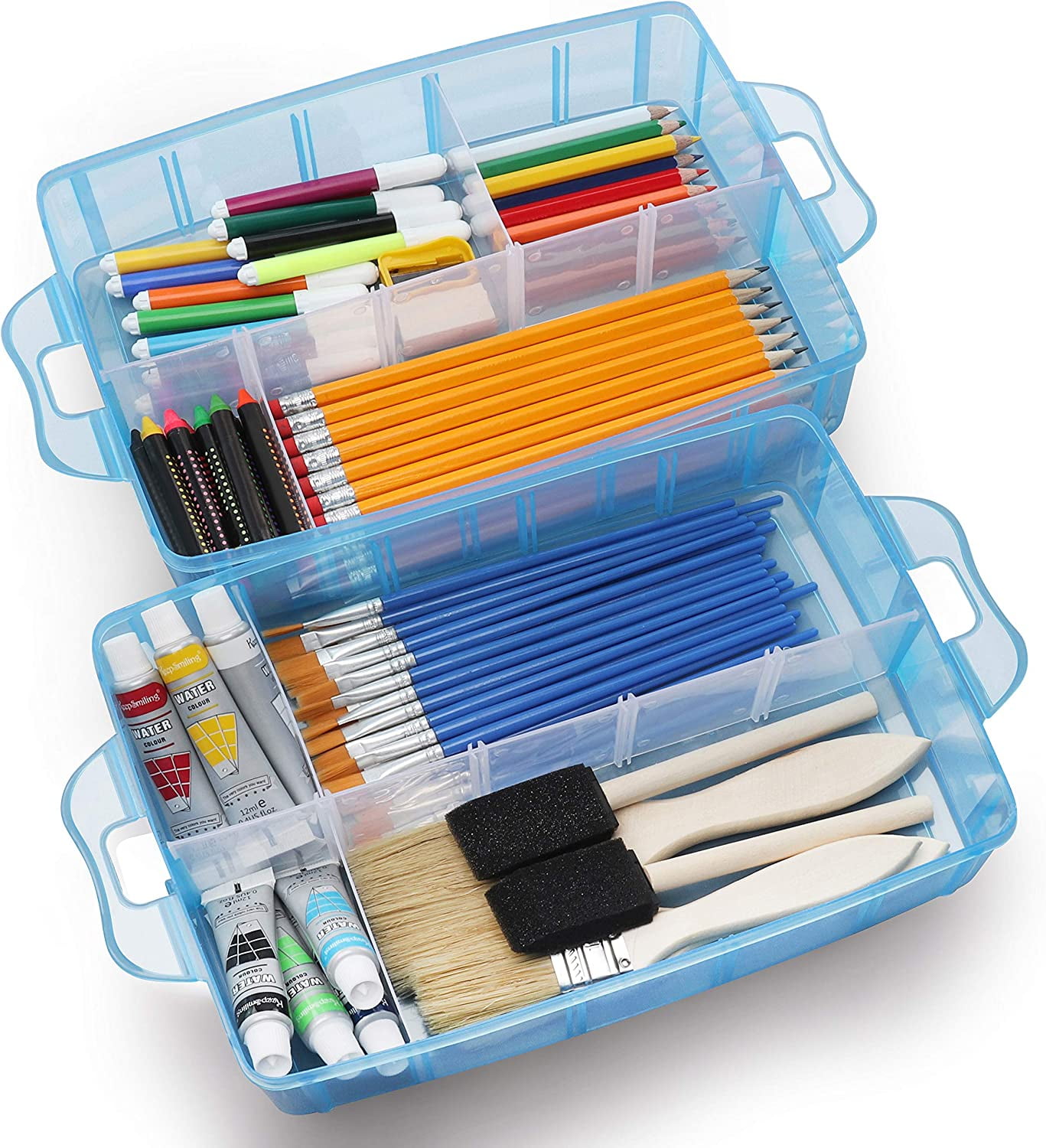Topboutique Large 3 Tier Stackable Adjustable Compartment Slot Bead Craft Jewellery Tool Storage Organiser, Plastic Organizer Box with 30 Compartments,Snap-lock Tray Container Box,Blue