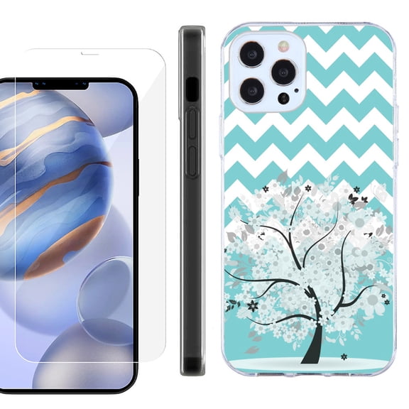 Slim Fit Protective Phone Case for Apple iPhone 12 / iPhone 12 Pro, with Tempered Glass Screen Protector, by OneToughShield ® - Chevron/Teal/Tree