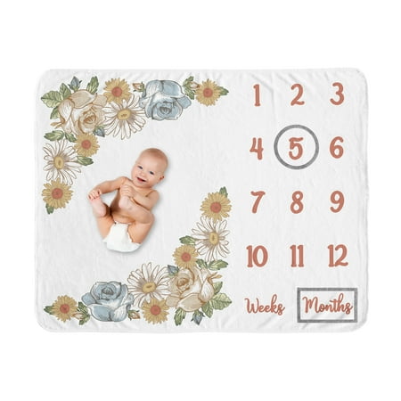 UPC: 0846480097105 | Vintage Floral Blue and Yellow Milestone Baby Blanket by Sweet Jojo Designs